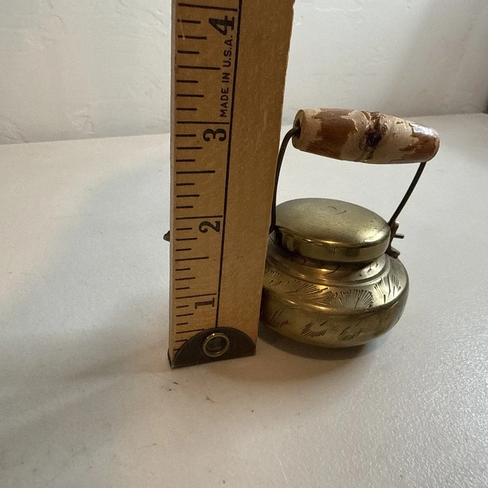 Vintage Miniature Brass Teapot Etched Wood Handle Dollhouse Collectible India